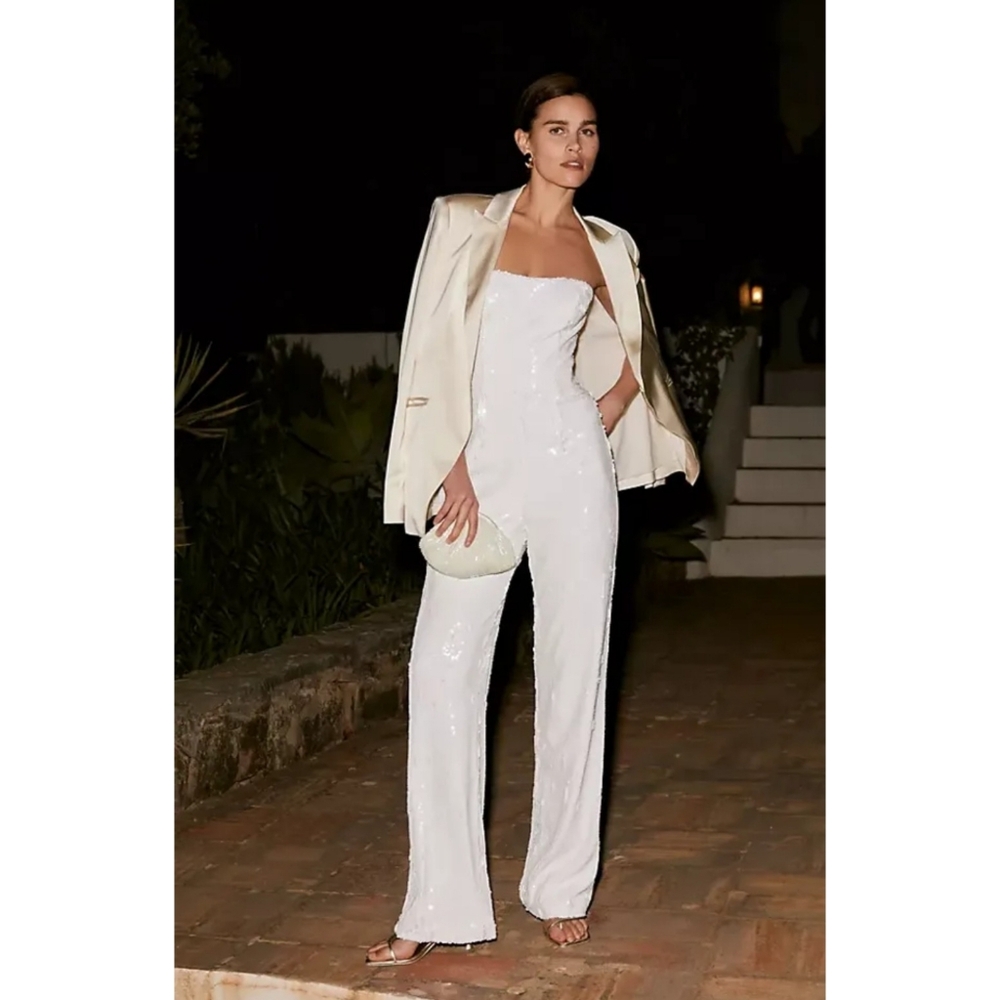 Dress the Population | Andy Sequin Strapless Jumpsuit in White NEW Size Medium
